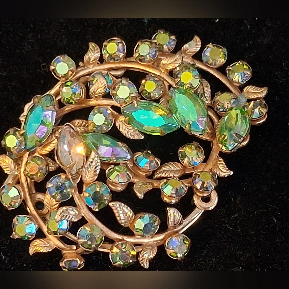 Goldtone Vines And Leaves Brooch With Green And Ab Rhinestones